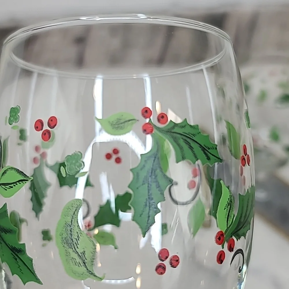 Libbey Vintage Holiday Holly Iced Tea Glass/Goblets Set of 4 (Four) Green/Red
